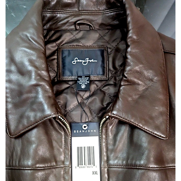 Sean John Leather Jacket XXL Brown Quilted Lined Zip Front Logo NWT Y2K fashion - Picture 12 of 15